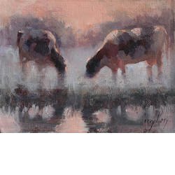 Koeien in de mist | dieren schilderij in olieverf van Corry Kooy koopt u nu online! ✓Hoogste kwaliteit & service ✓Veilig betalen ✓Gratis verzending