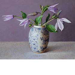 Clematis in Delfts blauw | stilleven schilderij van Ingrid Smuling koopt u nu online! ✓Hoogste kwaliteit & service ✓Veilig betalen ✓Gratis verzending