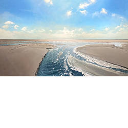 Strandgeul in tegenlicht | strand-zee schilderij van Janhendrik Dolsma koopt u nu online! ✓Hoogste kwaliteit ✓Veilig betalen ✓Gratis verzending