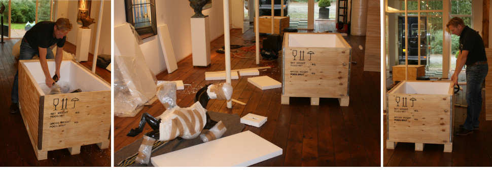 Wereldwijde levering van schilderijen en beelden door galerie Wildevuur in speciale kisten voor kunsttransport